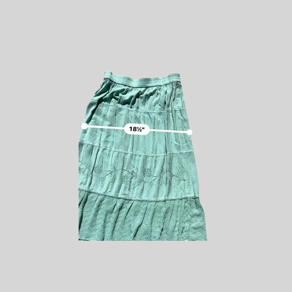 Serengeti Tiered Embroidered Midi Skirt Aqua Mint Boho Elastic Waist Rayon M